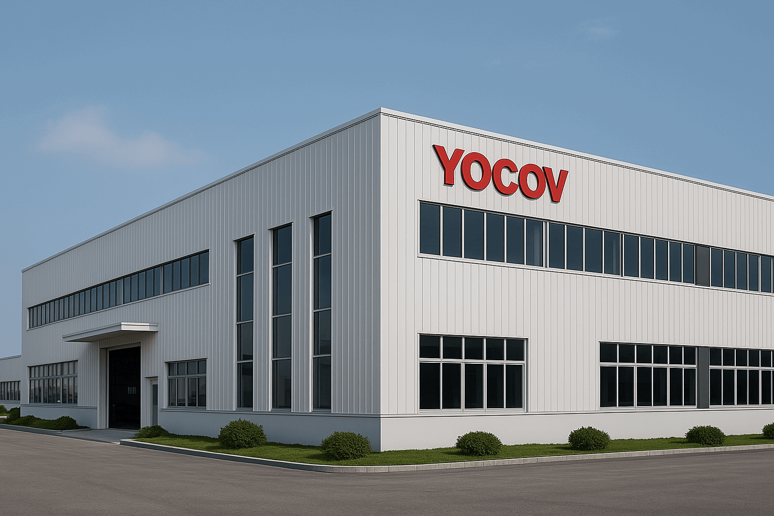 Modern warehouse-style factory building of YOCOV in China, specializing in material handling equipment manufacturing.